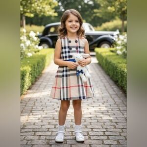 Burberry London Nova Check Pleated Dress Buttons Front Panel And Satin Belt XL